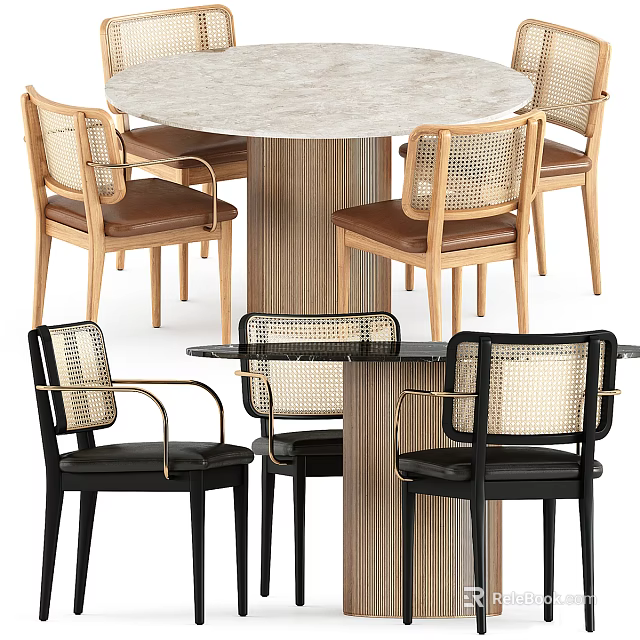Modern Stylish Dining Table Set With Rattan Back Chairs Wooden Legs And Brown Black Seats 3d model 