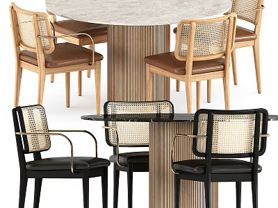 Modern Stylish Dining Table Set With Rattan Back Chairs Wooden Legs And Brown Black Seats 3d model