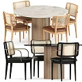 Modern Stylish Dining Table Set With Rattan Back Chairs Wooden Legs And Brown Black Seats