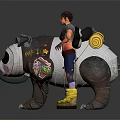 Tattooed Character With Yellow Boots Standing By Decorated Bear With Blue Eyes And Stickers