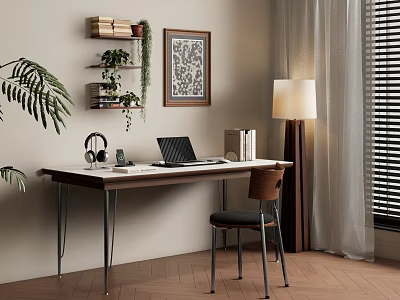 Stylish Home Office Desk with Laptop Headphones Books Chair Shelf Plants Floor Lamp and Painting 3d model