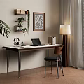 Stylish Home Office Desk with Laptop Headphones Books Chair Shelf Plants Floor Lamp and Painting