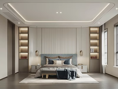 Modern Elegant Bedroom Interior With Headboard Wall LED Strips Bedside Tables Wall Lamps And Wooden Flooring 3d model