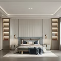 Modern Elegant Bedroom Interior With Headboard Wall LED Strips Bedside Tables Wall Lamps And Wooden Flooring