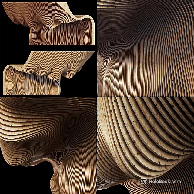 Double Bed With Wooden Wave Pattern Curved Design And Modern Structure 3d model 