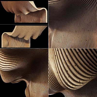 Double Bed With Wooden Wave Pattern Curved Design And Modern Structure 3d model