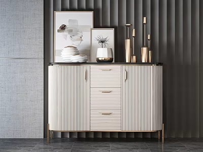Modern Entryway Console Cabinet With Vertical Stripes Gold Legs And Decorative Items 3d model