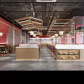 Modern Restaurant Interior With Wooden Ceiling Red Walls Pendant Lights And Dining Areas