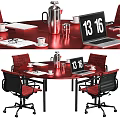 Round Red Conference Table With Black Red Office Chairs Laptop Coffee Cups Documents And Clock