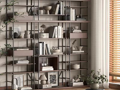 Modern Open Shelving Unit With Books Decorative Vases And Potted Plants In Interior Space 3d model