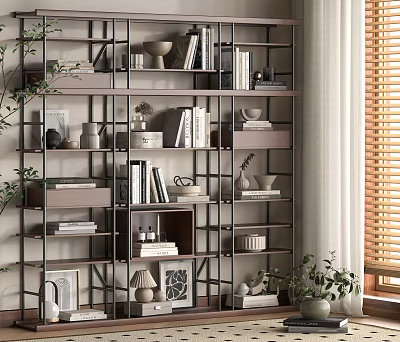 Modern Open Shelving Unit With Books Decorative Vases And Potted Plants In Interior Space 3d model