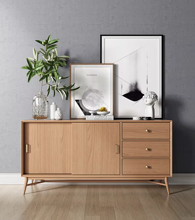 Modern Wooden Console Cabinet with Green Plant Framed Art and Decorative Items 3d model