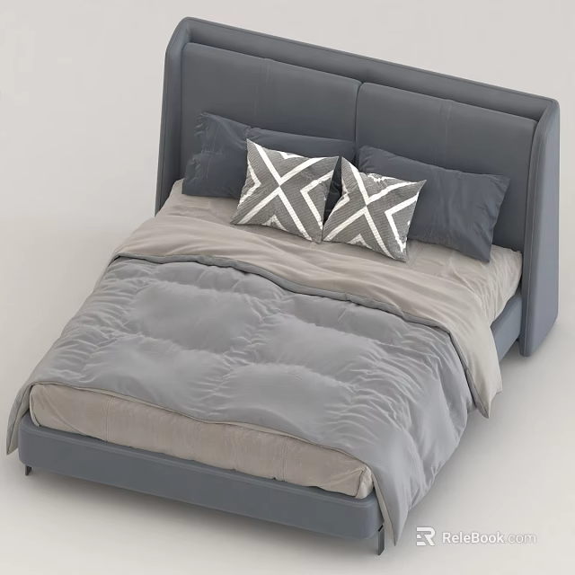 Modern Gray Bed With Upholstered Headboard Soft Comforter And Geometric Pillows 3d model