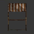Wooden Outdoor Stall Structure With Orange And White Striped Awning And Shelves
