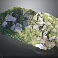 Wood And Stone Materials In Natural Outdoor Landscape With Green Grass