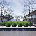 Modern Courtyard Garden Design With Water Pond Trees Glass Building And Stone Paved Floor
