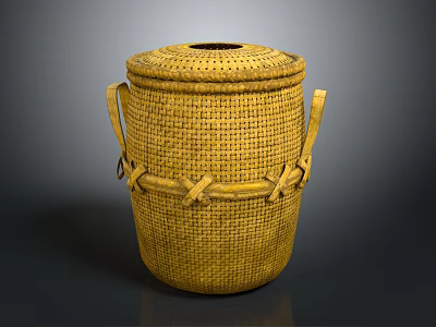 Yellow Handwoven Wicker Storage Basket With Lid And Two Handles 3d model
