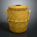 Yellow Handwoven Wicker Storage Basket With Lid And Two Handles 3d model