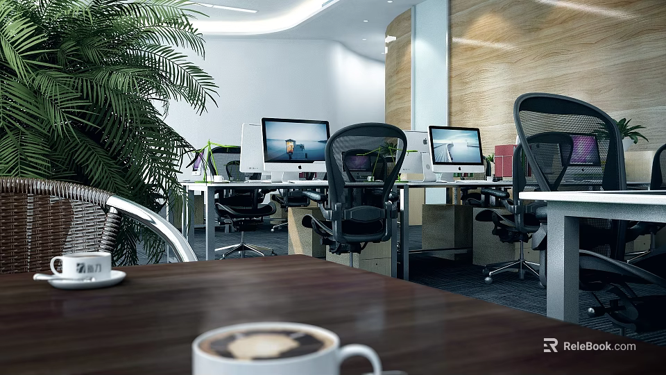 Modern Public Office Space With Desks Computers Ergonomic Chairs And Green Plants 3d model 
