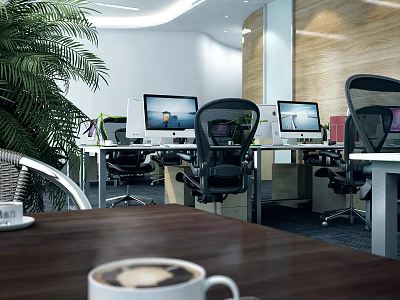 Modern Public Office Space With Desks Computers Ergonomic Chairs And Green Plants 3d model