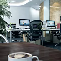 Modern Public Office Space With Desks Computers Ergonomic Chairs And Green Plants