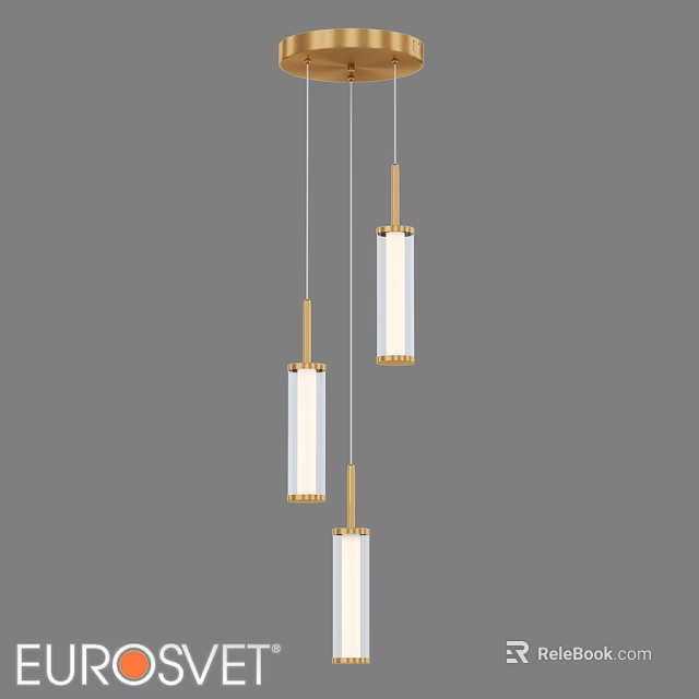 Three Modern Pendant Lights With Gold Metal Frames And White Cylindrical Shades 3d model 