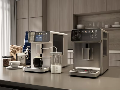 Modern Kitchen Countertop With Stainless Steel Coffee Machines Coffee Bags And White Cups 3d model
