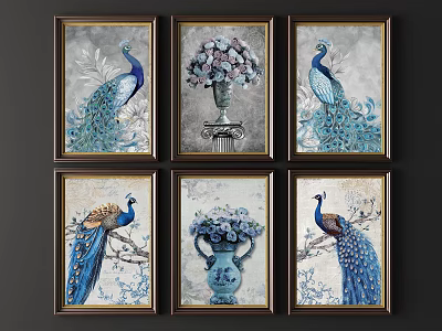 Six Decorative Wall Art Paintings With Peacocks Vases And Flowers In Golden Frames 3d model