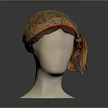 Orange Textured Headscarf With Green Leaf Pattern Red Trim Tied On Mannequin Head
