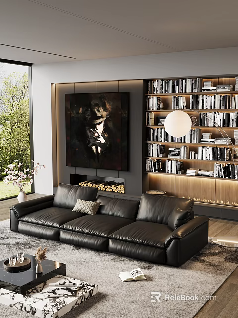 Modern Living Room Interior With Black Leather Sofa Large Artwork Bookshelves And Greenery 3d model 