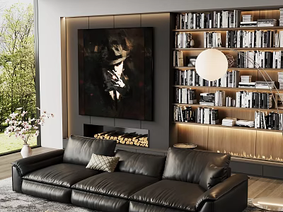Modern Living Room Interior With Black Leather Sofa Large Artwork Bookshelves And Greenery 3d model