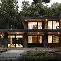 Modern Two Story Detached House With Wooden Facade Large Windows Garage And Trees