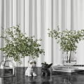 Stylish Decorative Ornament Set With Green Plants In Glass Vases Animal Figurines And Books