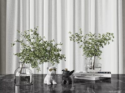 Stylish Decorative Ornament Set With Green Plants In Glass Vases Animal Figurines And Books 3d model