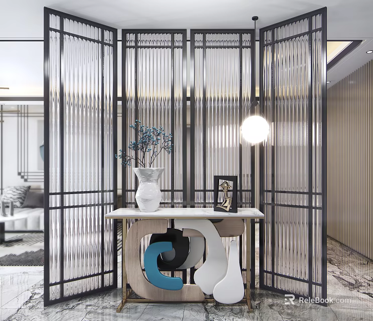 Modern Entryway Cabinet And Side Cabinet With Black Metal Screen White Vase And Marble Top 3d model 