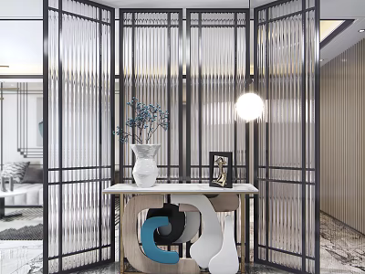 Modern Entryway Cabinet And Side Cabinet With Black Metal Screen White Vase And Marble Top 3d model