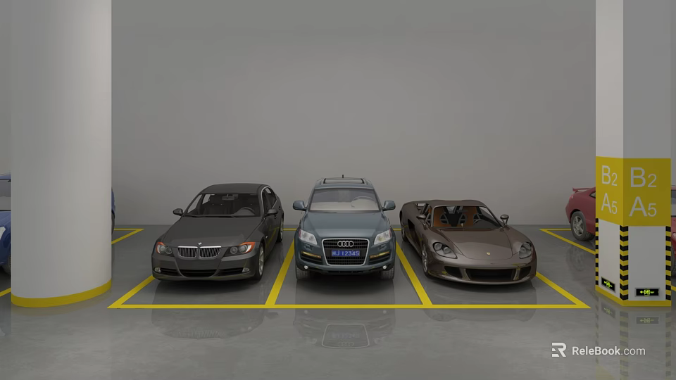 Parking Lot With Yellow Lines And Parked Cars Including SUV And Convertible 3d model 