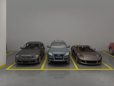 Parking Lot With Yellow Lines And Parked Cars Including SUV And Convertible 3d model
