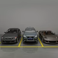 Parking Lot With Yellow Lines And Parked Cars Including SUV And Convertible