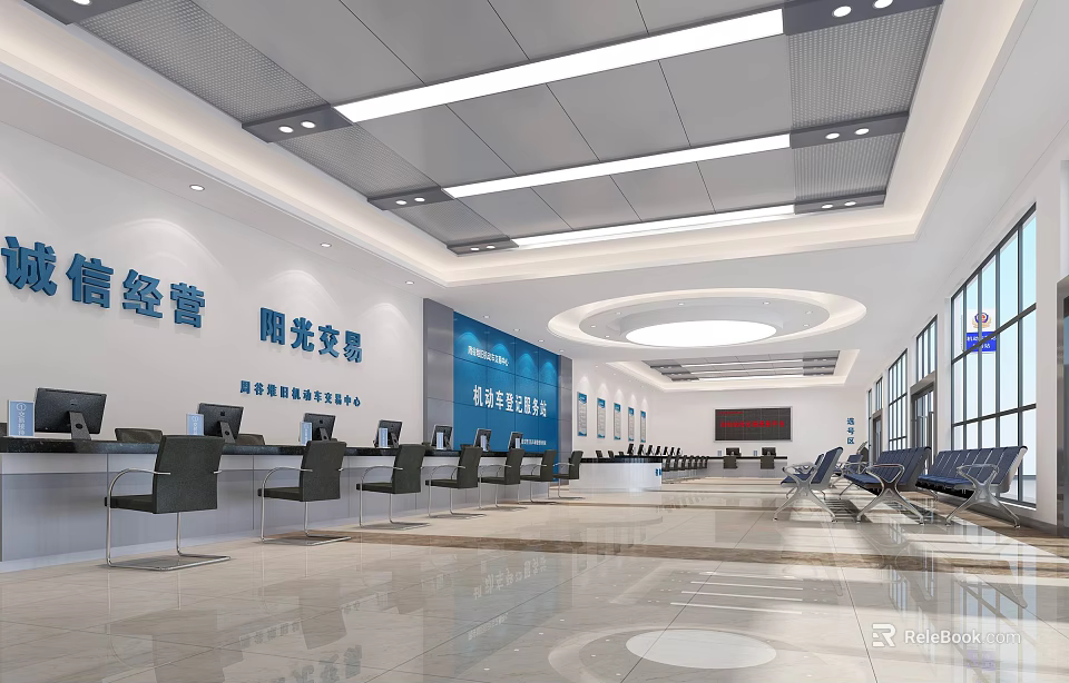 Spacious Bright Service Hall Interior With Workstations Seats And Display Screens 3d model 