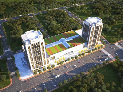 Modern School Building With Two Tall Towers Green Roof Surrounded By Trees And Roads 3d model
