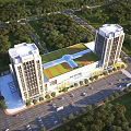 Modern School Building With Two Tall Towers Green Roof Surrounded By Trees And Roads