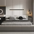 Modern Minimalist Bedroom With Large Bed Dressing Table Round Mirror And Floor to Ceiling Window