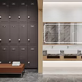Modern Locker Room Interior With Gray Lockers Mirror Sinks And Brown Bench