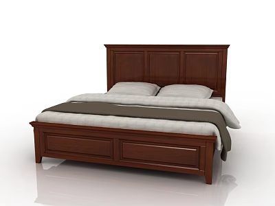 Modern Wooden Double Bed with Dark Brown Headboard and Storage Drawers 3d model