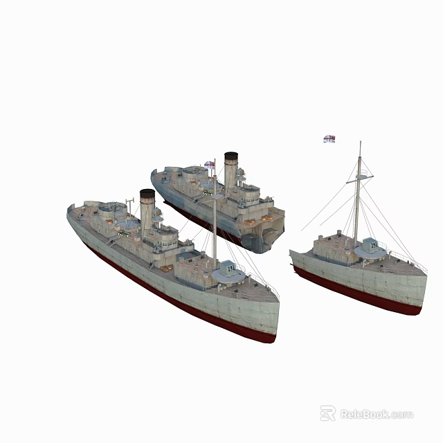 Three Vintage Warships With Detailed Structures Smokestacks Flags And Classic Hull Designs 3d model 