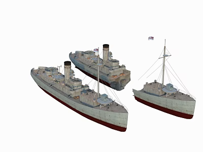 Three Vintage Warships With Detailed Structures Smokestacks Flags And Classic Hull Designs 3d model