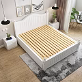White Double Bed with Headboard Storage Drawers Comforter Wall Art Hanging Lamps and Indoor Plants