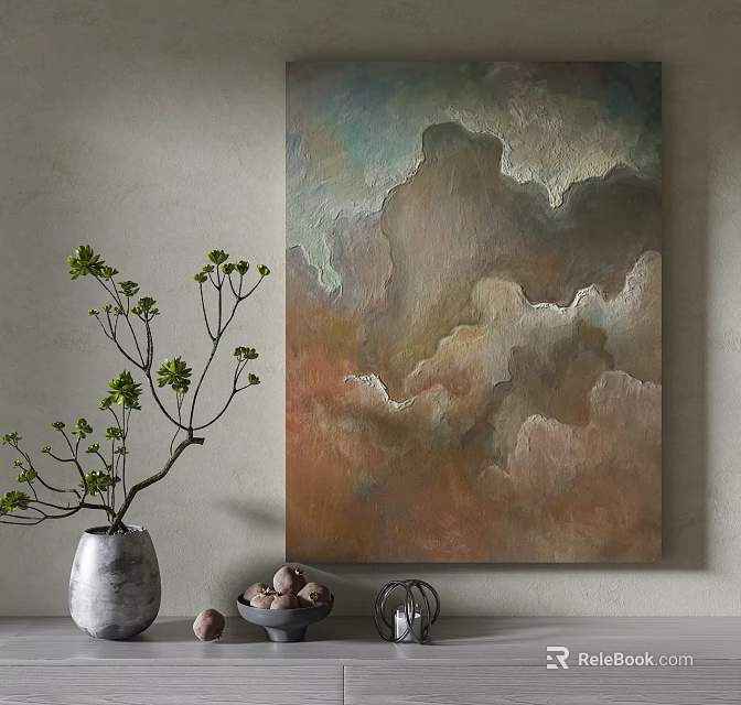 Abstract Wall Art With Earthy Tones And Decorative Vase With Green Branches 3d model 