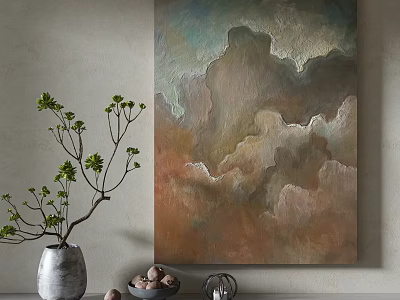 Abstract Wall Art With Earthy Tones And Decorative Vase With Green Branches 3d model